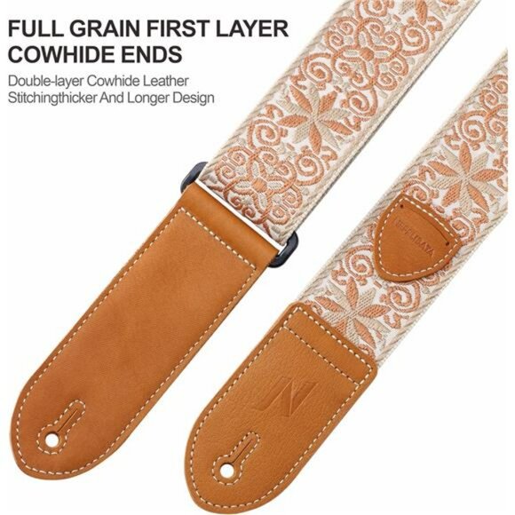 Vintage Woven Guitar Strap Adjustable Leather Ends for Acoustic Bass Electric - Picture 3 of 7